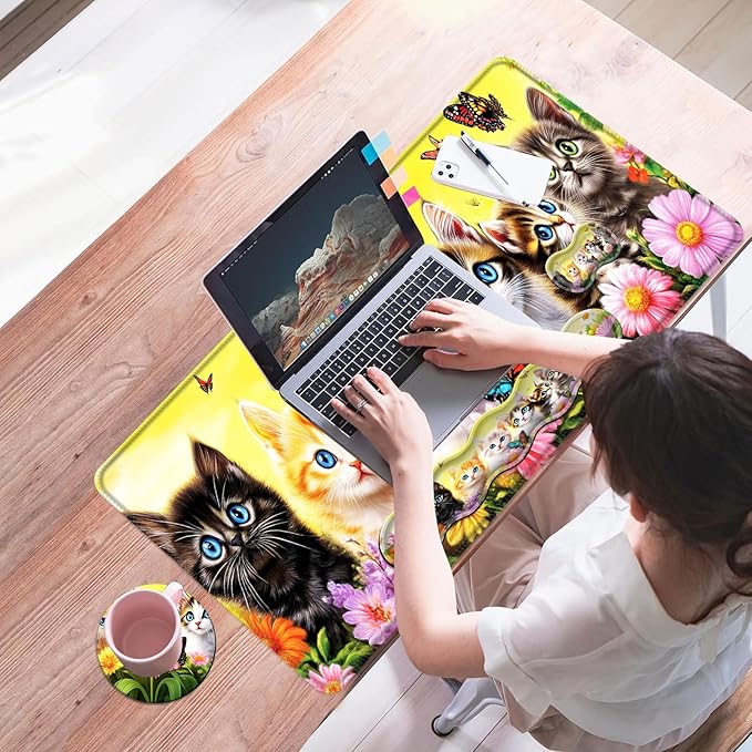 Mouse PadLarge Desk Mat Set 4in1 XL Mousepad + Keyboard Wrist Rest+Mouse Wrist Rest+Coaster with Ergonomic Desk Pad for Home Office Table Computer Cover -Kittens Flowers Butterflies