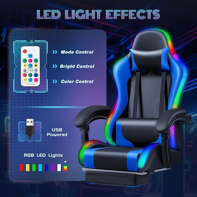 Furmax Gaming Chair with RGB LED Lights Video Game Chair with Footrest and Massage Lumbar Support High Back Reclining Computer Chair with Headrest Swivel Seat Gamer Chair (LED Blue)