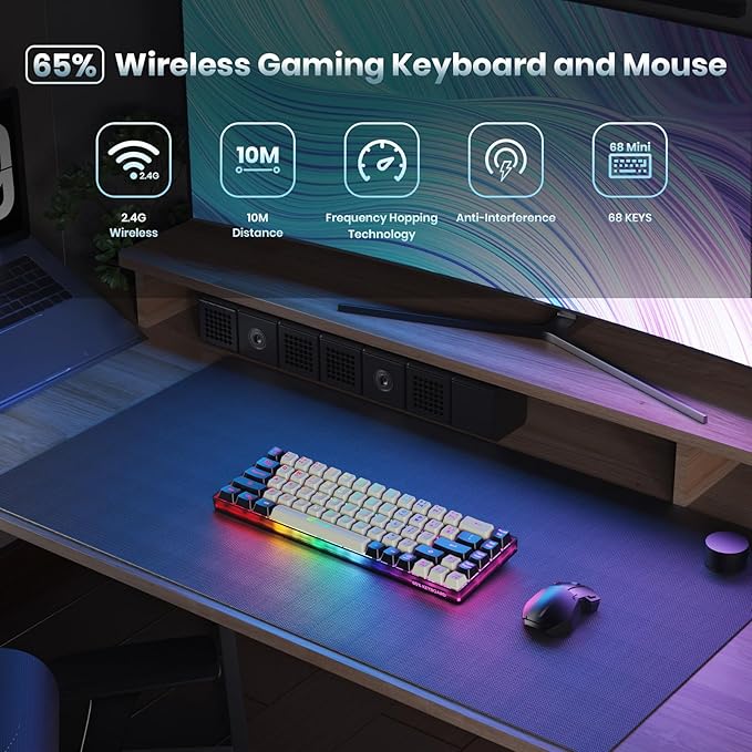 65% Wireless Gaming Keyboard: LED Backlit 68 Keys Ultra-Compact Anti-ghosting No-Conflict Wireless Keyboard for PC Laptop Windows Gamer(White-Black)