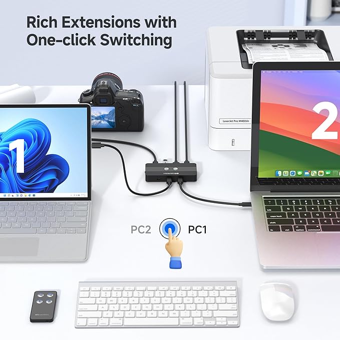 Cable Matters USB C Switch for 2 Computers with Remote Control 10Gbps Data Transfer Shares 2X USB-A and 2X USBC Peripherals (Keyboard Mouse Printer SSD) Data Only - No Video No Host Charging