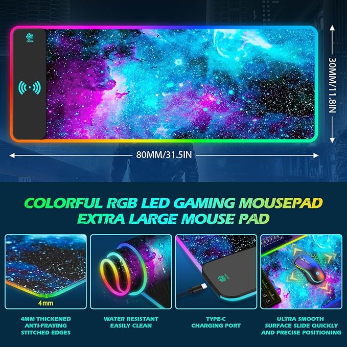 ToLuLu RGB Gaming Wireless Charging Mouse Pad 5/7.5/10/15W 10 Light Modes LED Mouse Pad Computer Keyboard Mat Mousepad 800x300x4MM Extended Large Desk Mat for Gaming MacBook Laptop PC Galaxy