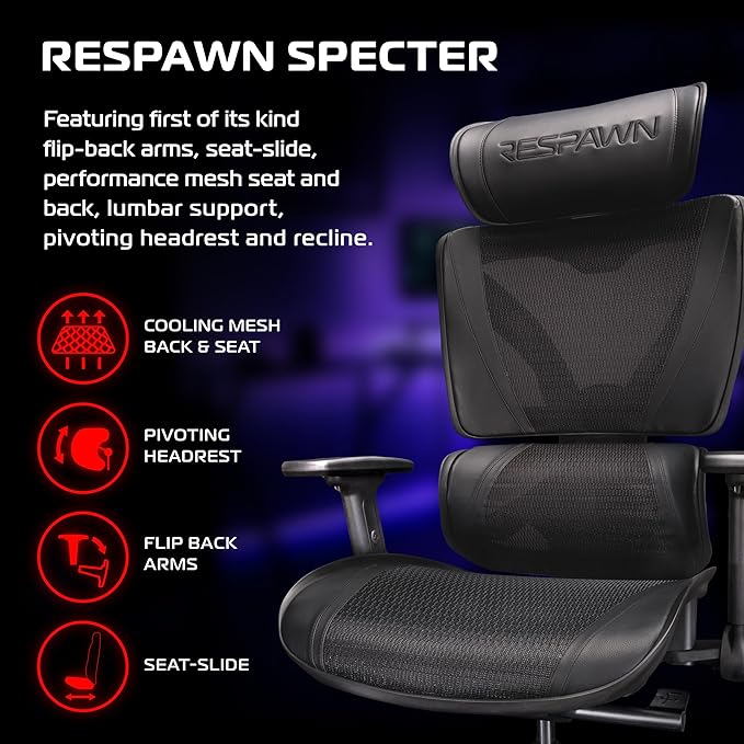 Respawn Specter Ergonomic Office Chair with Lumbar Support Headrest Adjustable Arms - Comfy Breathable Mesh Computer Desk Seat for Home Office High Back Reclining Gaming Chairs for Adults - Black