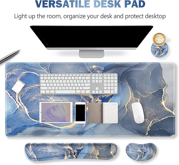 ARTSO Ergonomic Large Mouse Pad and Keyboard Wrist Rest Blue Marble Desk Pad for Keyboard and Mouse Big Gaming Mousepad with Wrist Support for Home Office Working Game