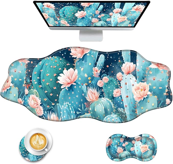 Mouse Pad with Wrist Support + Desk Mat + Coaster 3 in 1 Set XXL Large Gaming Mousepad Ergonomic Mouse Pads for Desk Computer Laptop OfficeCute Cactus