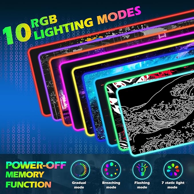 ToLuLu RGB Wireless Charging Gaming Mouse Pad 7.5/10/15W 10 Light Modes LED Mouse Pad Computer Keyboard Mat Mousepad 800x300x4MM Extended Large Desk Pad Mat Japanese Kanagawa Sea Wave Black White