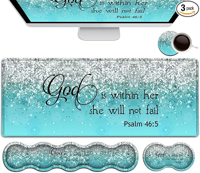 Keyboard Mouse Pad SetExtended Gaming Mouse Pad + Memory Foam Keyboard Wrist Rest Support Psalm 46:5 Blue Glitter Office Desk Mat Writing Pad Easy Typing Pain ReliefXXL Large Mousepad Desk Mat