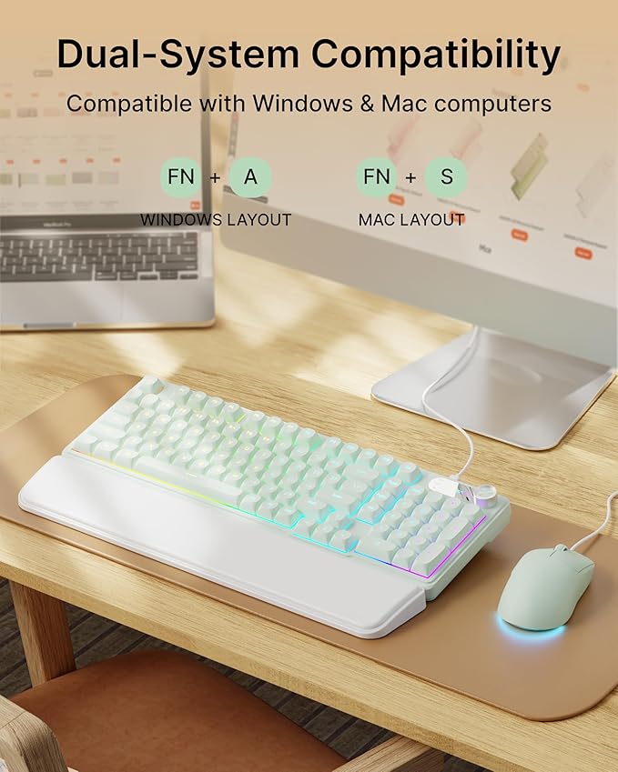 C98 Wired Keyboard and Mouse Combo Wired Computer Keyboards with Wrist Palm Double-Shot Keycaps Silent RGB Backlight Keyboard for Windows/MAC/PC (Green)