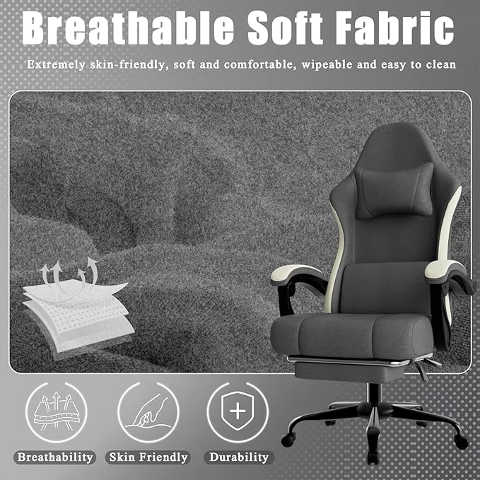 Gaming Chair High Back Fabric Computer Chair with Pocketed Spring Cushion and Footrest Height Adjustable Game Chair with Headrest and Lumbar Support (Beige &amp Gray)