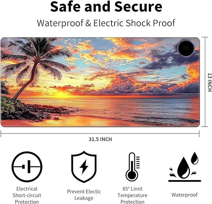 Warm Desk Pad Warm Mouse Pad Gaming Office Desk Matwith 3 Levels Heated &amp 3 Hours Auto Shut - 31.5 x 13 inch PU Leather Laptop Keyboard Mat for Home Office Hand WarmerCoconut Trees Sunset -105