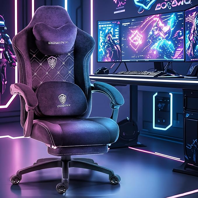Dowinx Gaming Chair with Heated Massage Lumbar SupportBig and Tall Fabric Gaming Chairs for Adults with Footrest Ergonomic Computer Game Chair with Poket Spring Cushions 350lbs Black and White