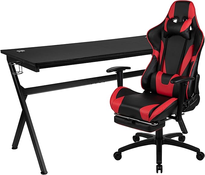 BizChair Gaming Desk and Red Footrest Reclining Gaming Chair Set - Cup Holder/Headphone Hook/Removable Mouse Pad Top/Wire Management