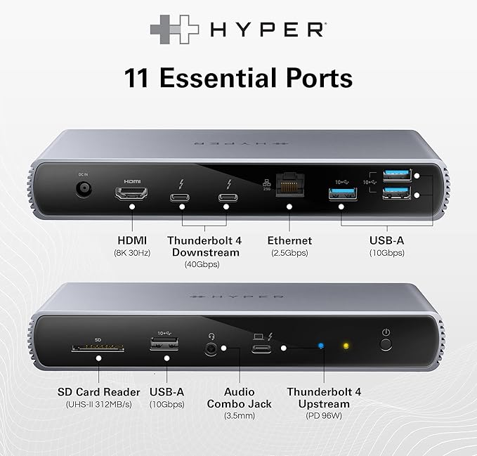 HyperDrive USB-C &amp Thunderbolt 4 Dock - Dual 6K60Hz Display Support Docking Station 96W PD Charge 2.5 Gigabit Ethernet 10Gbps USB-A File Transfer 11 Ports for