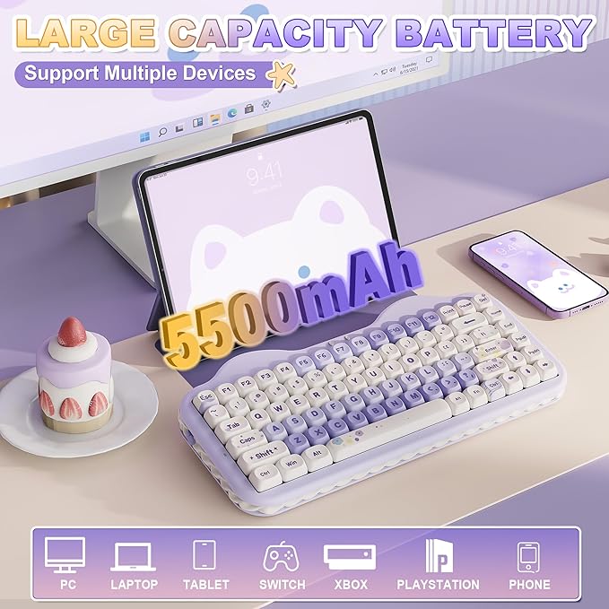 YUNZII C75 Wireless Mechanical Keyboard75% Layout Hot-Swappable NKROBT5.0/2.4G/USB-C ModeDye-Sub PBT MOA KeycapsRGB Gasket MountCute Cake Design for Mac/Win/Gaming (Purple Candy Switch)