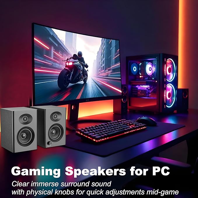 Computer Speakers for Desktop PC - 60W Bluetooth Stereo Sound with Bass Active Powered Speakers for Home Audio Monitor Laptop Gaming &amp TV (Black Pair)