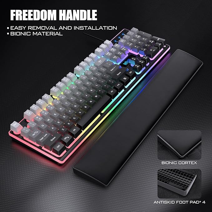 RedThunder K10 Wired Gaming Keyboard Mouse Wrist Rest Combo RGB Backlit Mechanical Feel Anti-ghosting Keyboard + 7D 7200 DPI Mice+Soft Leather Wrist Rest 3 in 1 PC Gamer Accessories(Gradient Gray)