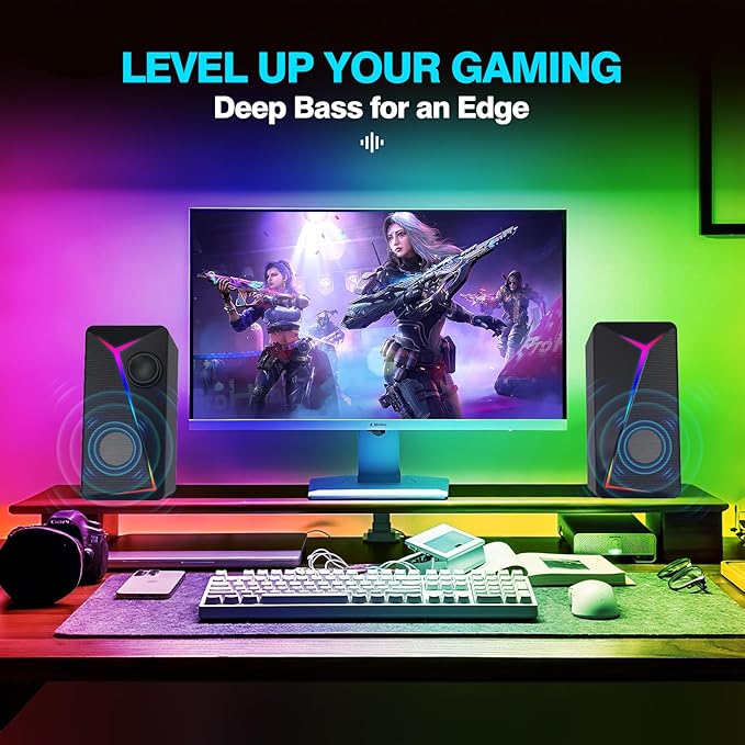 Computer Speakers for Desktop PC USB-Powered Gaming Speakers for Laptop – Multi Colorful LED Backlight Modes Stereo Sound for Gamers Music Movies Indoor &amp Outdoor Use 3.5mm AUX Cable