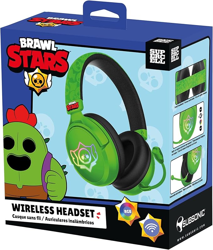 SUBSONIC - Brawl Stars Wireless Gaming Headset with LED and Detachable Microphone. Officially Licensed Gaming Headset Compatible with Consoles PCs Tablets and Smartphones - Green