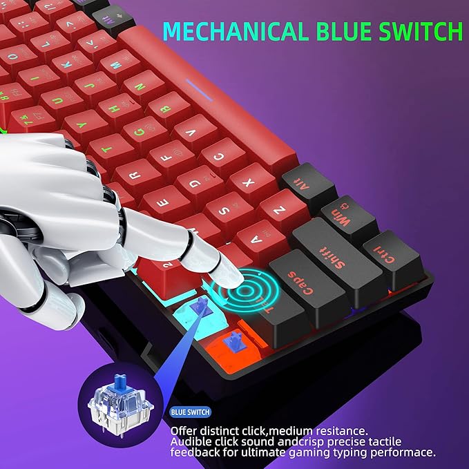 Snpurdiri 60% Wired Mechanical Gaming Keyboard LED Backlit 60 Percent Gaming Keyboard for Windows Laptop PC Mac (Black-Red Blue Switches)