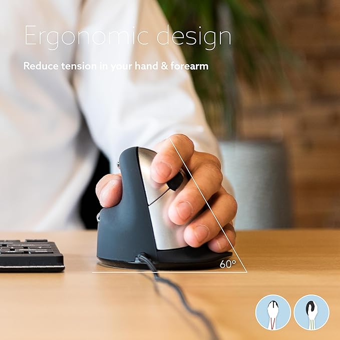 R-Go HE Vertical Ergonomic Mouse for Large Left-Handed with Break Software USB-C Wired Prevents Tennis Elbow/Mouse Arm RSI Silent Click 5 Buttons - Compatible Windows/MacOS Black/Silver