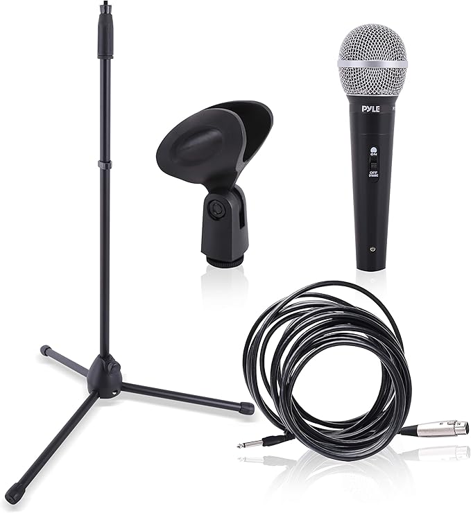 Professional Handheld Dynamic Microphone Kit - Unidirectional Vocal Wired Microphone w/Carry Bag Metal Mic Stand Holder/Clip &amp 16.4ft XLR Audio Cable to 1/4'' Audio Connection - Pyle PDMIC88ST