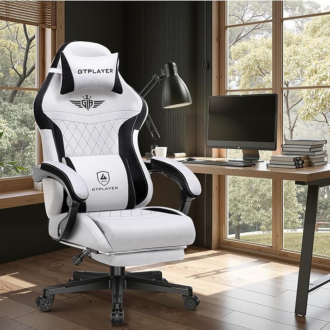GTPLAYER Gaming Chair with Footrest Big and Tall Game Chair High Back Computer Office Chair with Lumbar Support for Adults Ergonomic Swivel Games Chair with Cushion Gaming Fabric Grey