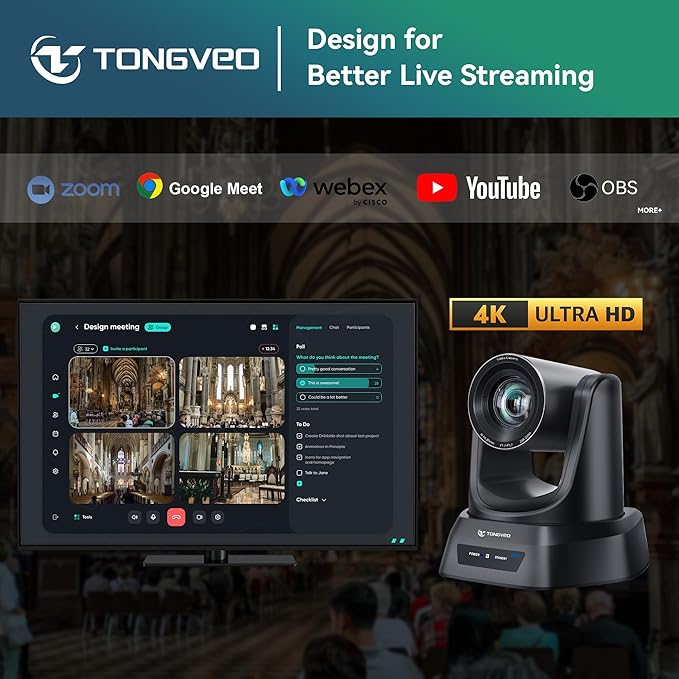 TONGVEO 4K AI PTZ Camera with Auto Tracking and 20X Optical Zoom Conference Room Webcam with HDMI/USB3.0/LAN/PoE Ideal for Church Worship Zoom Meetings Live Streaming and Education