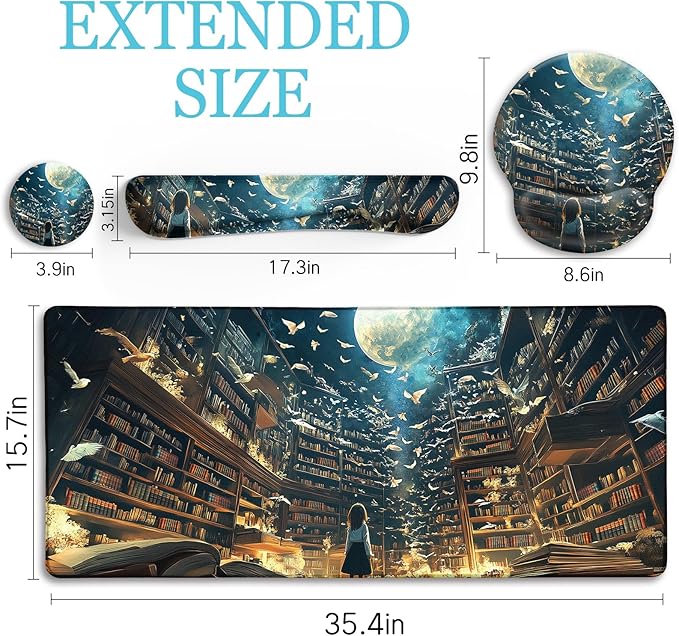 Anime Book Mouse Pad Set Large Desk Matt for Desktop Ergonomic Mouse Pad with Wrist Rest Gaming Mousepad Wrist Support Keyboard Mat Cup Coaster Set Cute Desk Accessories for Women Girl
