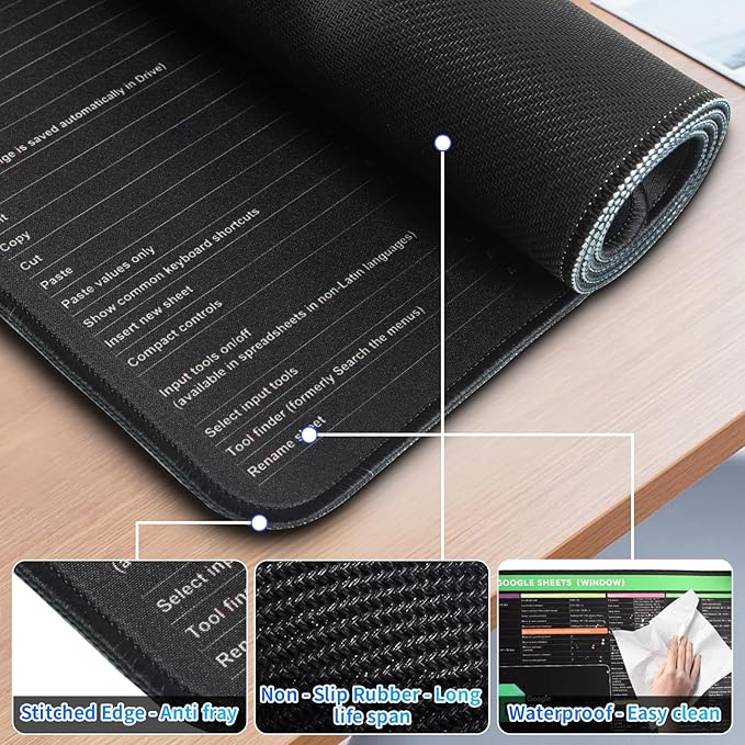 Google Sheet Shortcut Mouse Pad Large Mousepad for Google Excel Spreadsheet Extended Gaming Pad for Desk 31.5”x11.8” Waterproof Anti Slip Keyboard Pad with Google Sheet Shortcuts (Windows)
