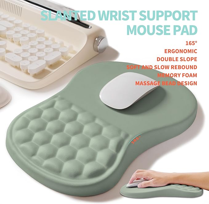 2-in-1 Ergonomic Set Wave Rise Keyboard Wrist Rest and Massage Bulge Slope Mouse Pad Wrist Support Cushion Memory Foam Integrated to Relieve Wrist Pain Light Green