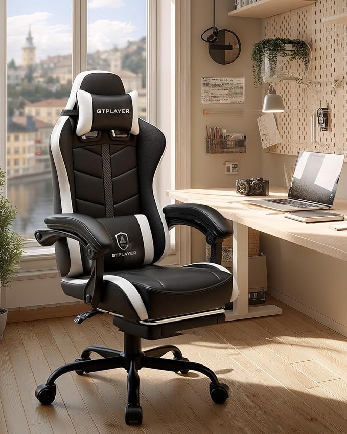 GTPLAYER Gaming Chair for Adults Ergonomic Computer Gaming Chair with Footrest Height Adjustable 90-155° Recline &amp Removable Headrest Lumbar Support White