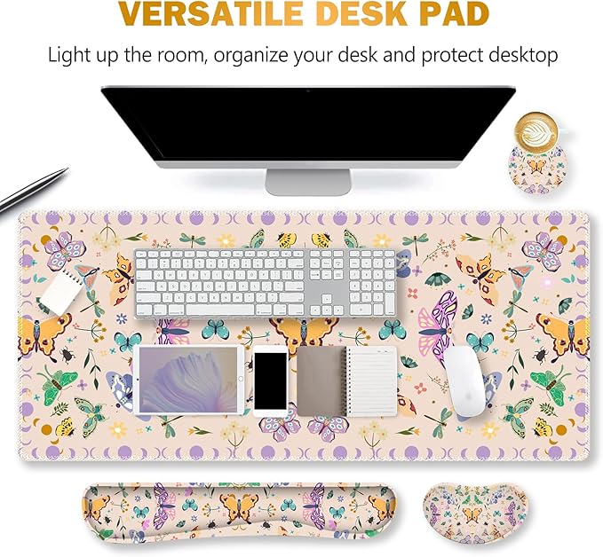 ARTSO Desk Mat Set Apricot Extended Gaming Mouse Pad with Wrist Rest Support +Keyboard Wrist Rest +Coaster Large Cute Butterfly Mousepad Easy Typing and Pain Relief