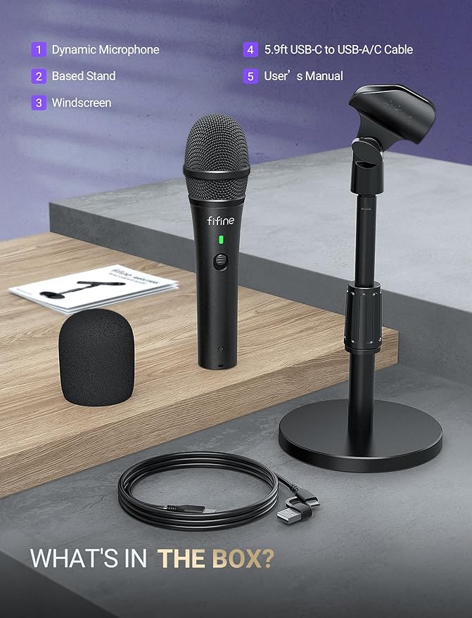FIFINE USB/XLR Dynamic Microphone for Podcast Recording Studio Handheld Mic Set with Desktop Stand for Vocal Voice Over Streaming Black-AmpliTank TANK2