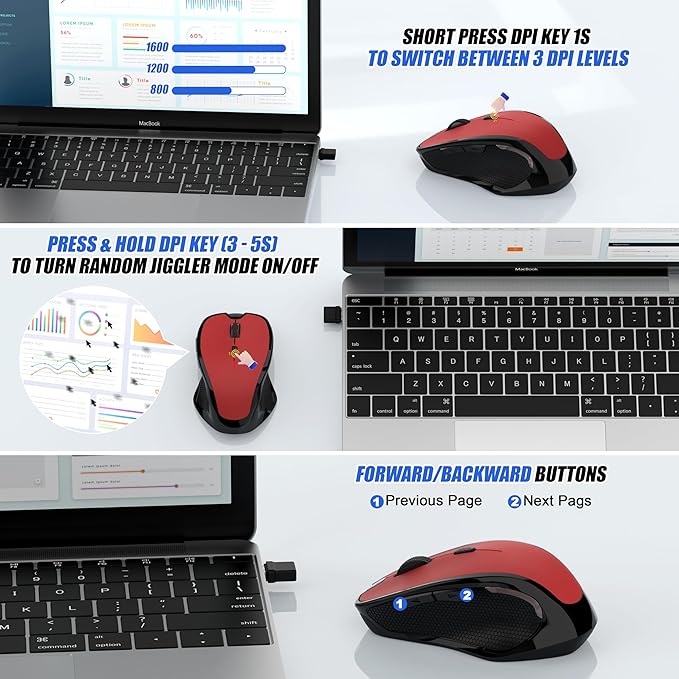 Bluetooth Wireless Mouse 2.4G Ergonomic Rechargeable Computer Mouse for MacBook Air iPad Pro PC with Jiggler Mode 3 DPI Levels &amp Forward/Back Buttons Laptop Mice for Office/Home/School - Red