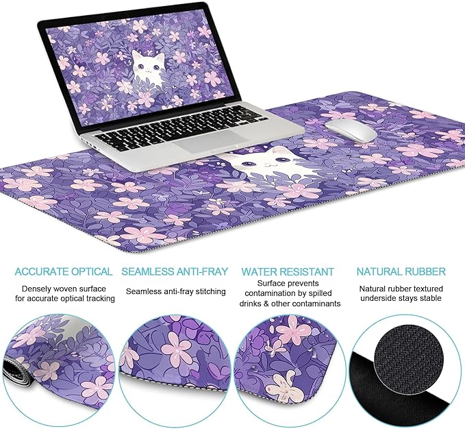 Purple Mouse Pad Large Desk Mat Set Kawaii Cat Computer Mouse Pad with Wrist Rest Keyboard Wrist Support XXL Mousepad Cup Coaster Set Cute Purple Office Desk Accessories Cat Decor Supplies