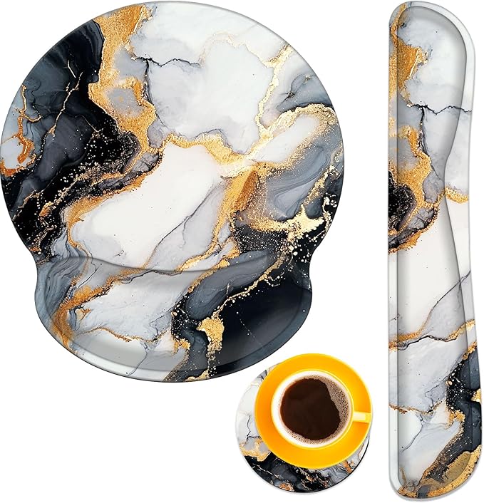 Keyboard Wrist Rest and Mouse Pad Wrist Support Set with CoastersNon-Slip PU Base Ergonomic Gaming Mousepad for Home Office Working Studying Easy Typing &amp Pain ReliefBlack Gold Marble