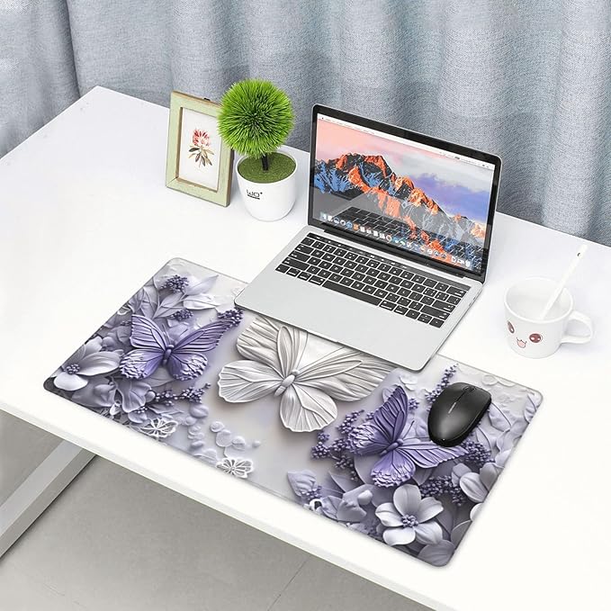 Purple Floral Butterfly Desk Cover MatExtended Large Mouse PadComputer Laptop Mat Desk Decor for Office Game Home 30x16 Inch