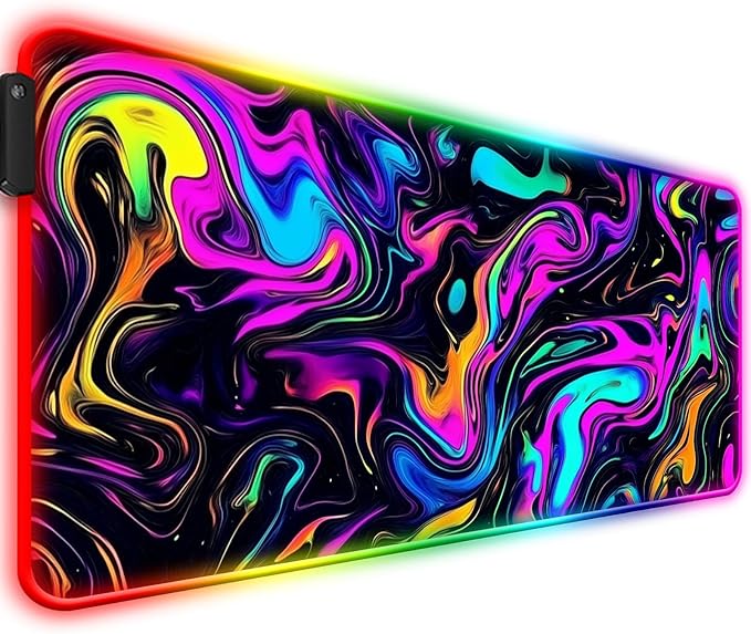 RGB Abstract Colorful Marble Swirl Fluid Gaming Desk Mat Computer Keyboard Large Extended Long LED Mouse Pad for Office and Home XL (W22)