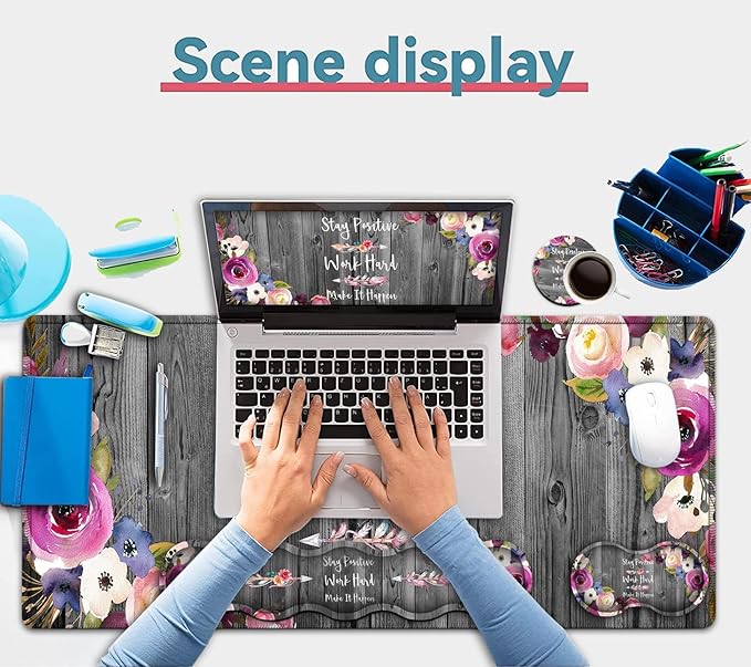 Office Desk PadLarge Mouse PadLaptop Desk Table Protector Writing Mat Ergonomic Extended Black Mouse Pad Memory Foam Keyboard Wrist Rest Support Set Inspirational Work Hard and Flowers Desk Mat