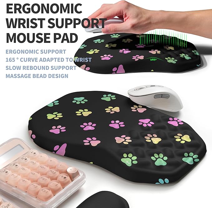 2-in-1 Ergonomic Set Wave Keyboard Wrist Rest and Massage Slope Mouse Pad Wrist Support Rebound Memory Foam for Relieve Carpal Tunnel Syndrome and Wrist Pain (Cute Cat Claws)