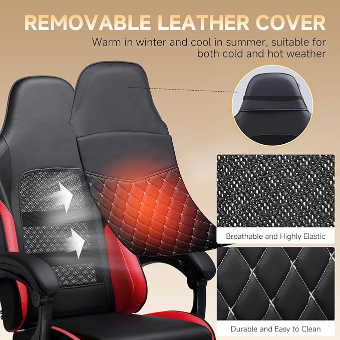 GTPLAYER Gaming Chair High Back Leather Computer Gaming Chair with Footrest Ergonomic Height Adjustable Office Chair with Removable Cover and Lumbar Support for Gaming and Work (Red)
