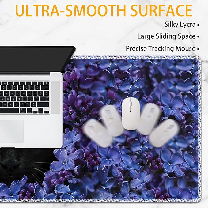 Large Mouse Pad Set Desktop Mouse Pad + Keyboard Wrist Pad + Mouse Wrist Pad + Coaster Ergonomic Memory Foam Multi-functional Desk Mat - Flower and Black Cat