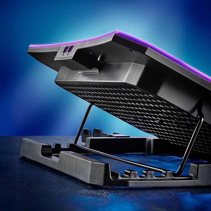 NGS Hero Stand Laptop Cooling Dock 6 Quiet Fans LCD Display RGB Height Adjustable 2 USB Ports Smartphone Holder Non-Slip 2400 RPM