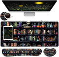 Large Mouse Pad + Keyboard Wrist Rest Set Extended Gaming Mousepad (31.5X11.8 inch) with Non-Slip Rubber Ergonomics Memory Foam Mouse Wrist Rest Support Vintage Bookshelf Painting XXL Desk Pad