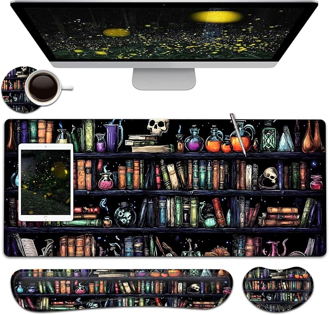 Large Mouse Pad + Keyboard Wrist Rest Set Extended Gaming Mousepad (31.5X11.8 inch) with Non-Slip Rubber Ergonomics Memory Foam Mouse Wrist Rest Support Vintage Bookshelf Painting XXL Desk Pad