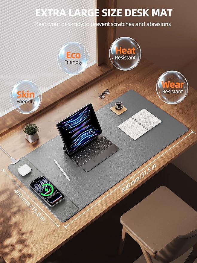 TopMade Mouse Pad with 15W Wireless Charging XXL Large Leather Desk Mat Waterproof Gaming Mousepad Home Office Desk Pad Protector Computer Keyboard Pad Mouse Mat for MacBook PC Laptop Gray