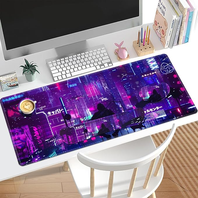 Anime Neon Large Mouse Pad and Keyboard Wrist RestPurple Extended Mouse Pad with Wrist Support Ergonomic Non-Slip Desk Mat Desk Protector Blotter for Home Office Warrior Cat