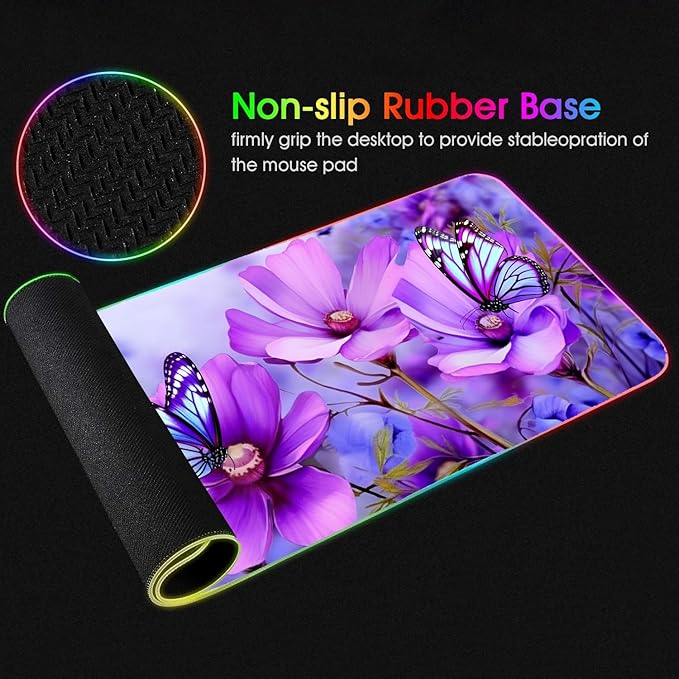 RGB Gaming Mouse Pad with Coffee Coaster XXL Large Glowing LED Mousepad Anti-Slip Rubber Base Computer Keyboard Desk Mouse Mat 31.5 X 11.8 Inch - Purple Flowers and Butterfly