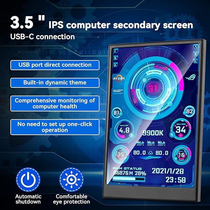 3.5 Inch IPS USB Mini Screen No Installation AIDA64 Pc Case Screen Computer Temp Monitor PC Temperature Display with Stand USB Cable Manual