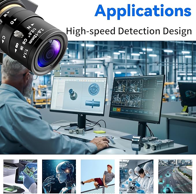 Global Shutter USB Camera 1200P Manual Zoom Webcam HD 90fps High Speed USB Camera with 2.8-12mm Lens Plug &amp Play for Machine Vision/High-Speed Inspection/Motion Analysis