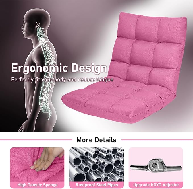 MAT EXPERT 14-Position Floor Chair Floor Gaming Chair w/Resilience Sponge Alloy Steel Frame Padded Bed Couch Recliner Floor Chair with Back Support for Reading Meditating (Pink)